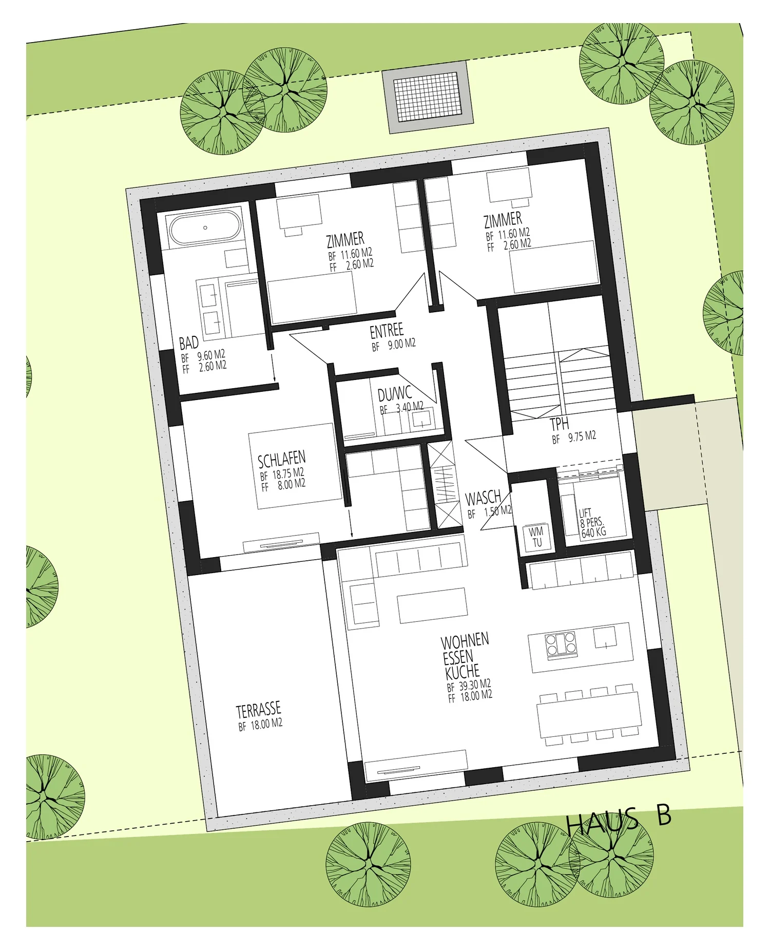 Grundriss der Gartenwohnung im Erdgeschoss von Haus B